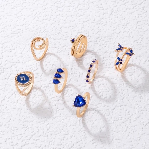 **HADLEE* 7-Pc Gold x Blue Fashion Ring Set - Picture 1 of 4